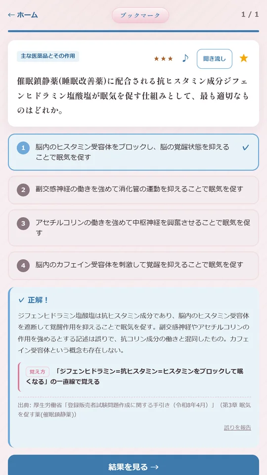 問題の解説画面。催眠鎮静薬に配合される抗ヒスタミン成分についての4択問題に正解し、解説・覚え方・出典（厚生労働省の手引き 第3章）が表示されている